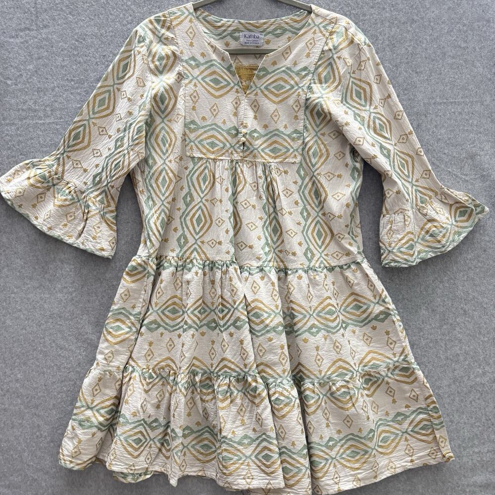 Kamba Greece Dress One Size Cotton Boho Geometric Tiered Bell Sleeve Flowy